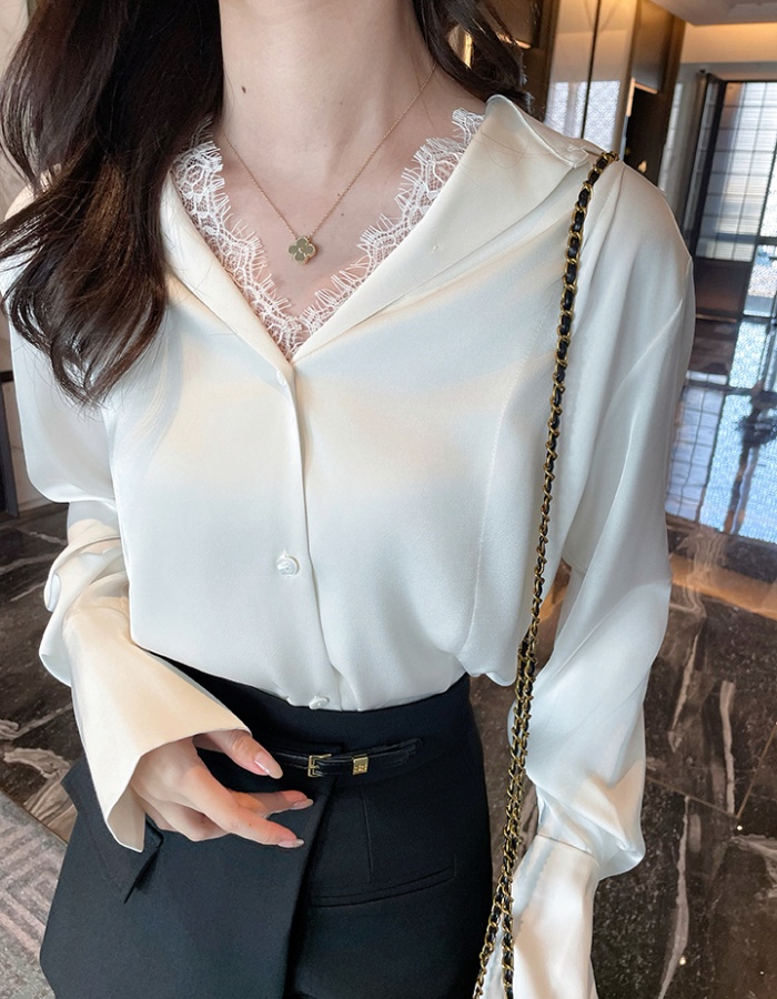 Lace niche spring tops satin Pseudo-two shirt