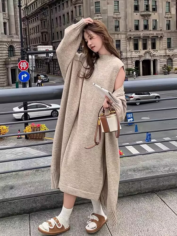 Slim cardigan long dress 2pcs set for women