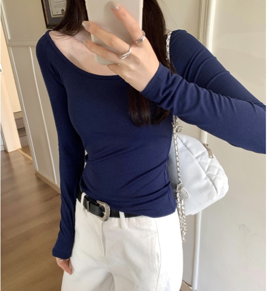 White bottoming shirt low collar T-shirt for women