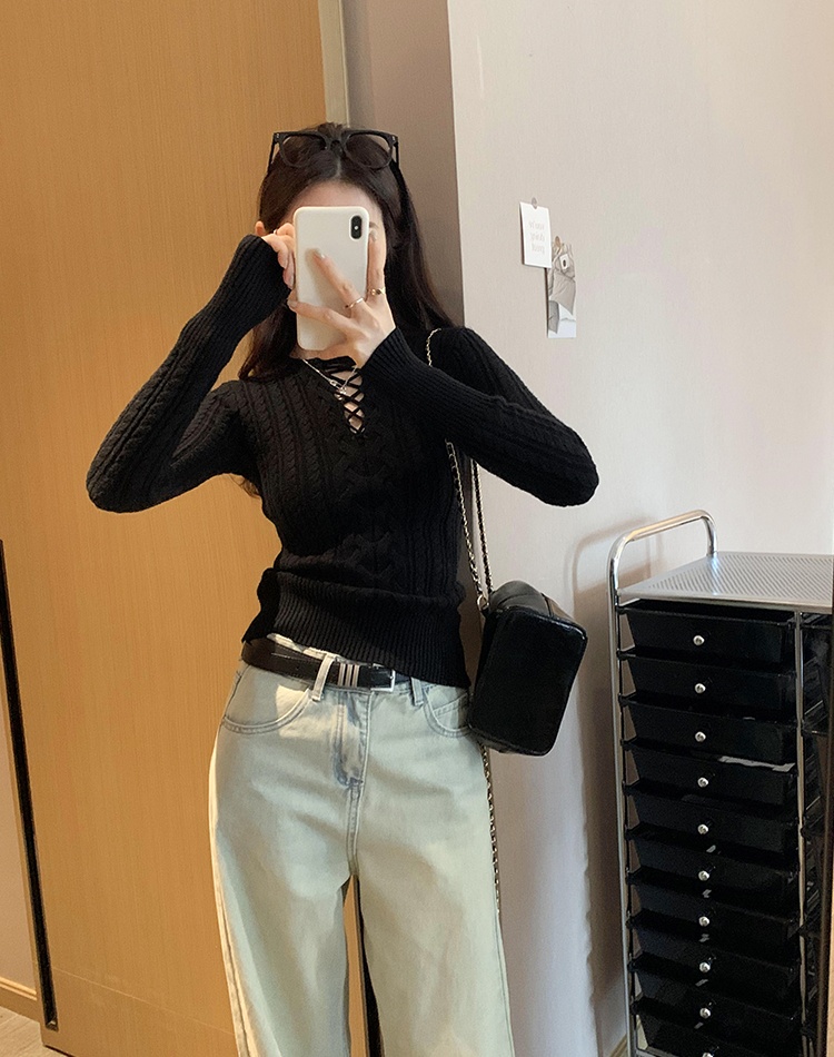 Winter hollow knitted sweater slim twist bottoming shirt