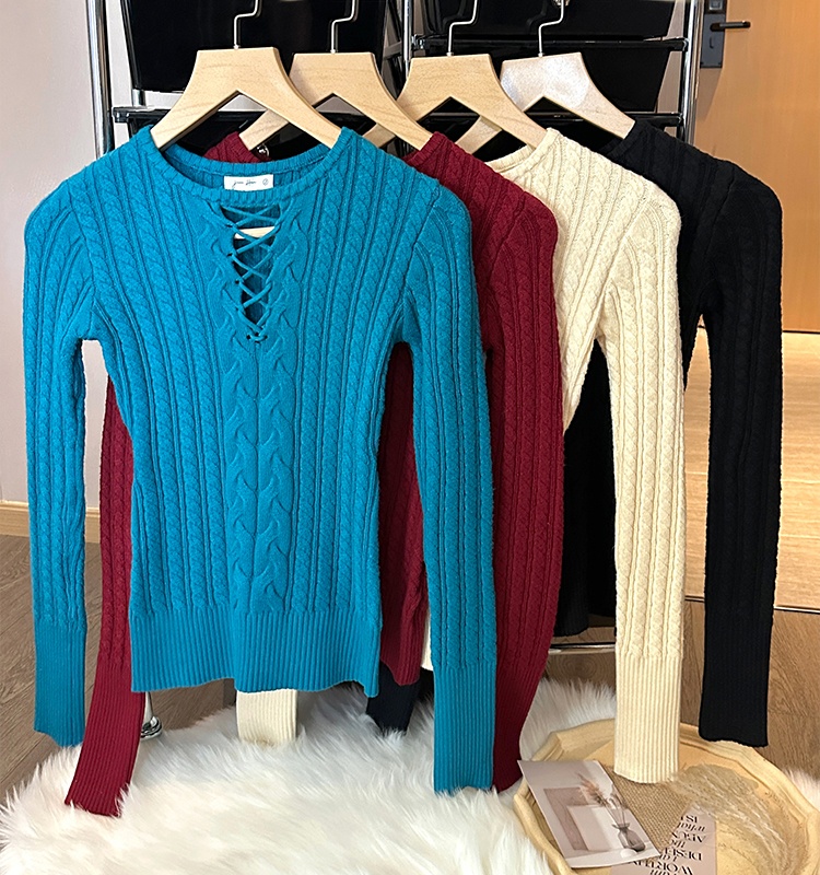 Winter hollow knitted sweater slim twist bottoming shirt