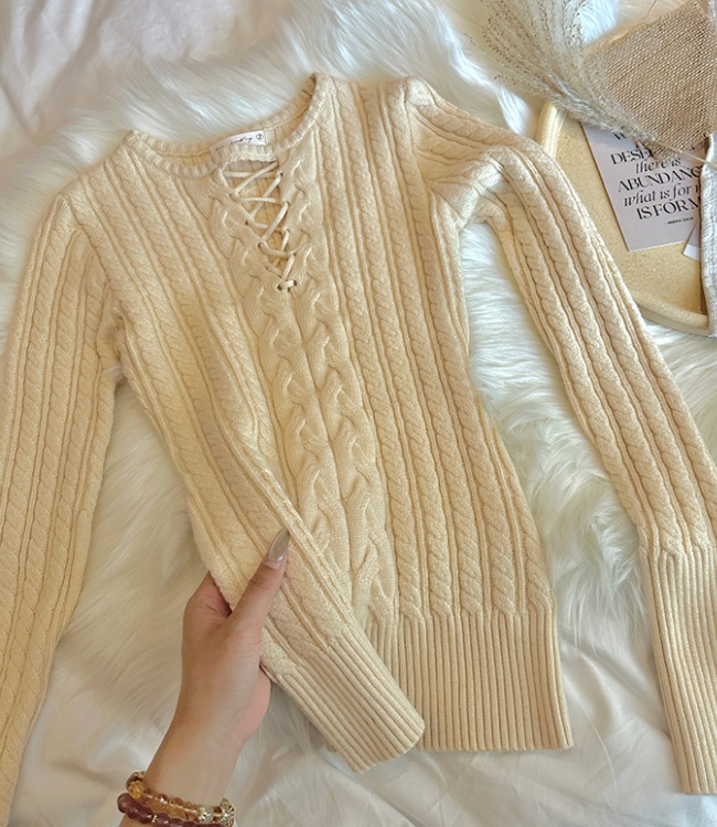 Winter hollow knitted sweater slim twist bottoming shirt