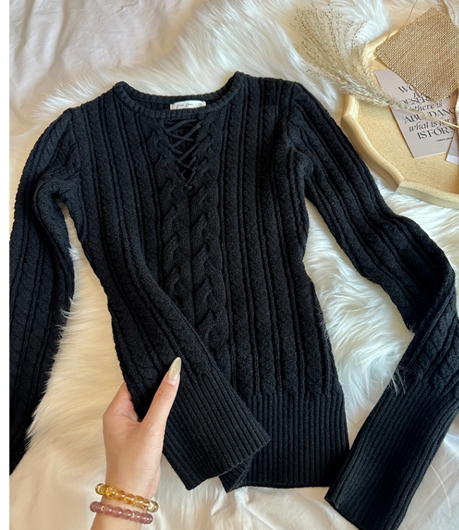 Winter hollow knitted sweater slim twist bottoming shirt