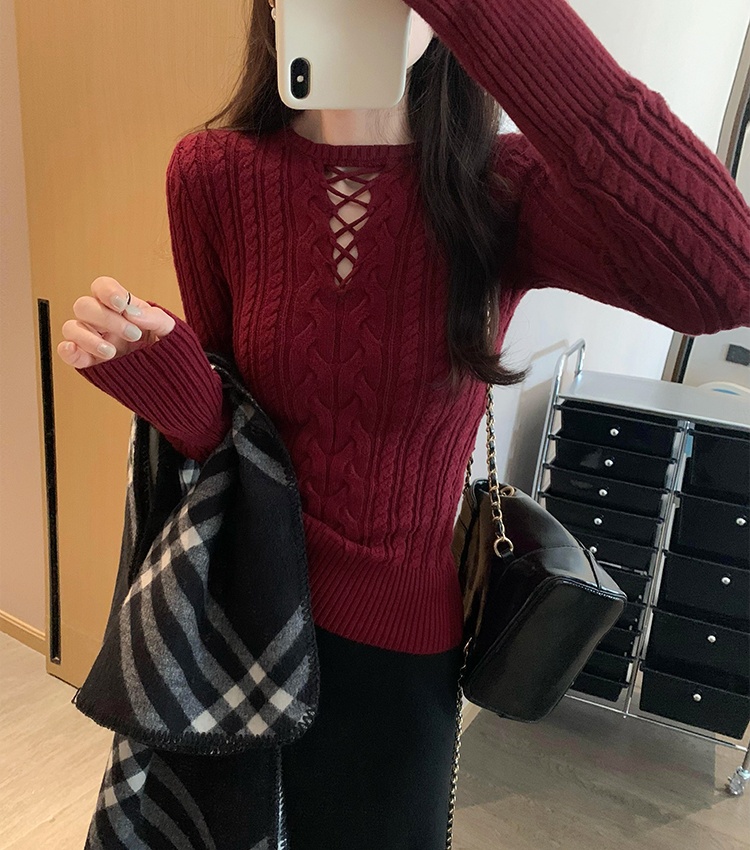 Winter hollow knitted sweater slim twist bottoming shirt