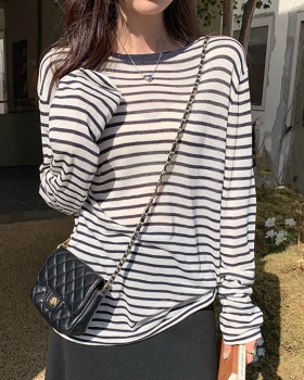 Stripe long sleeve tops loose T-shirt for women