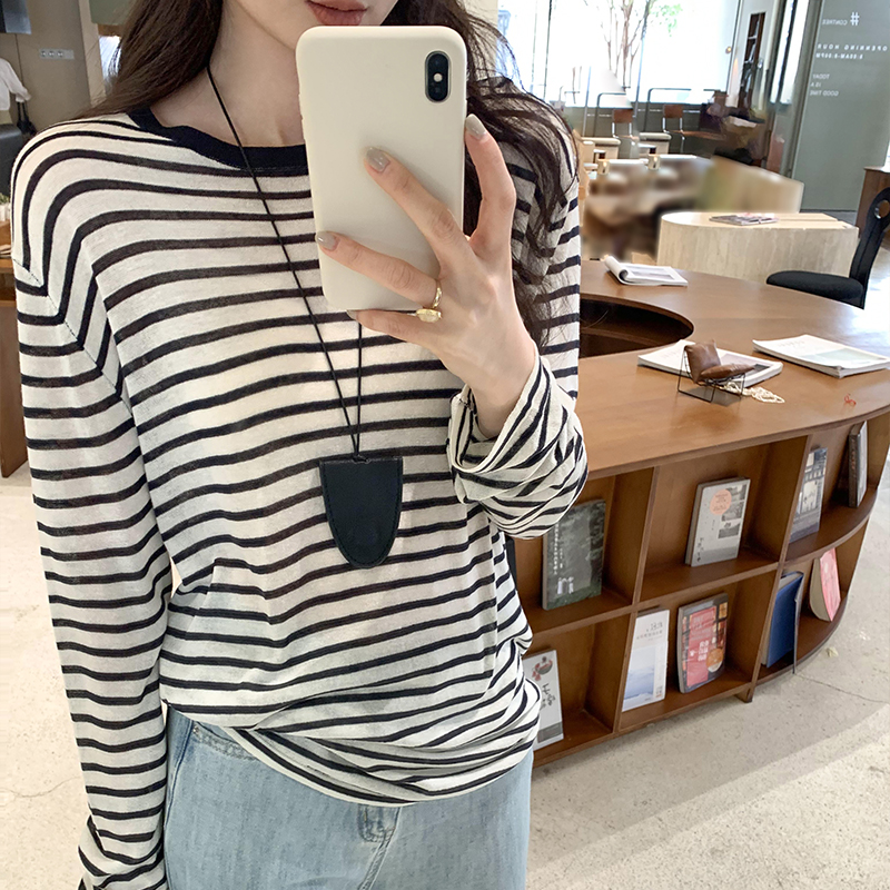 Stripe long sleeve tops loose T-shirt for women