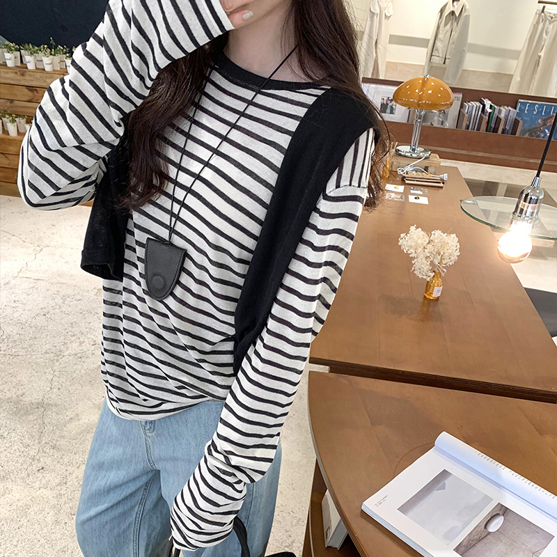 Stripe long sleeve tops loose T-shirt for women