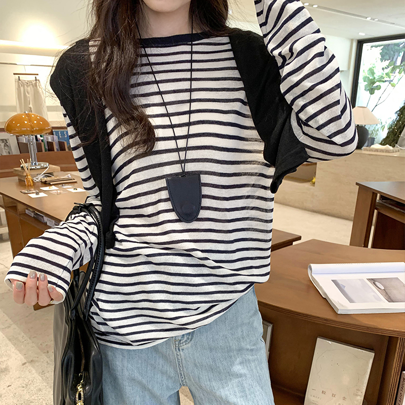 Stripe long sleeve tops loose T-shirt for women