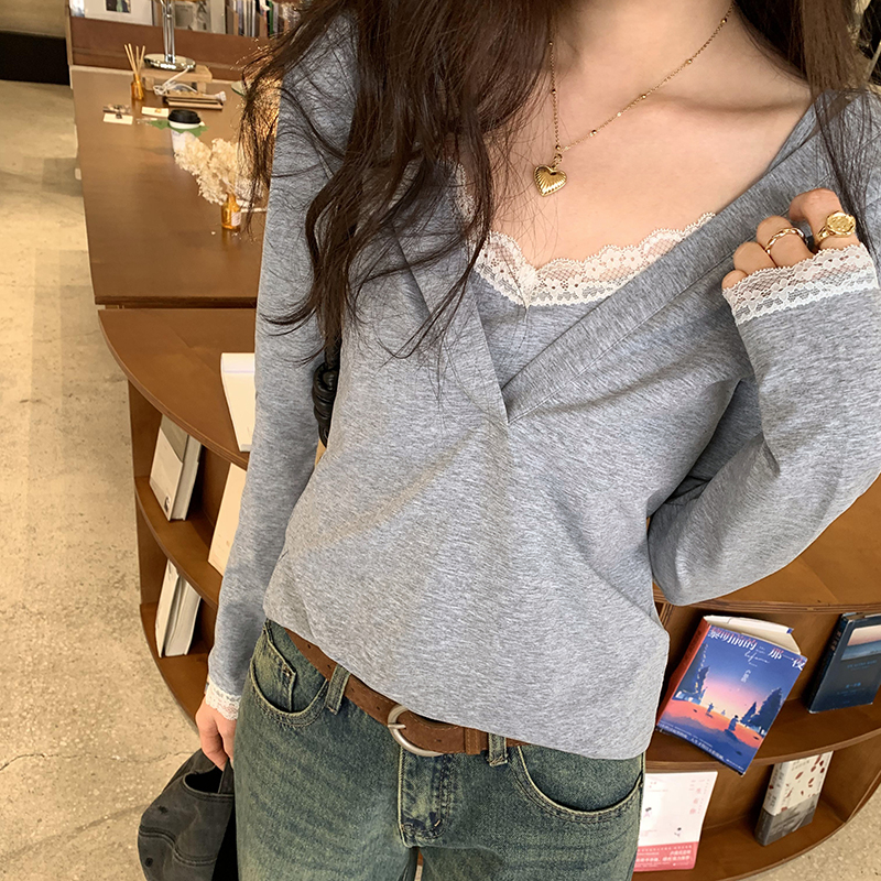 Lace long sleeve bottoming shirt Pseudo-two T-shirt