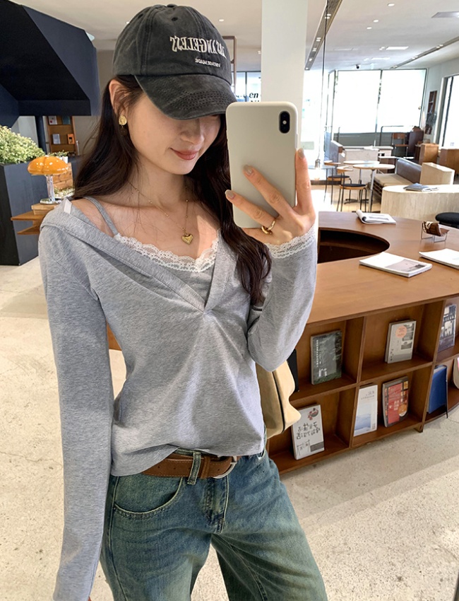 Lace long sleeve bottoming shirt Pseudo-two T-shirt