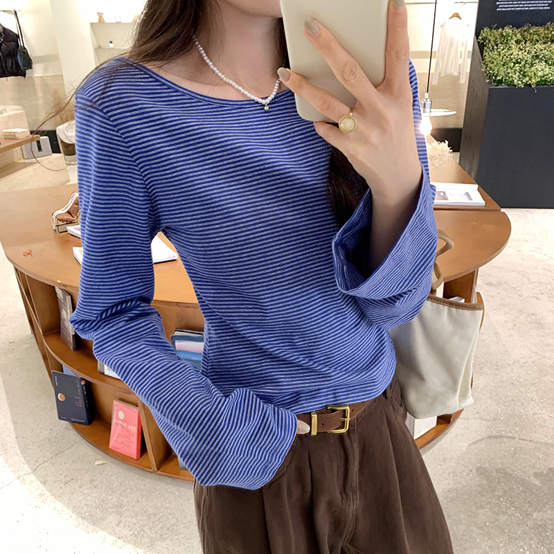 Spring and autumn stripe tops halter sexy T-shirt for women