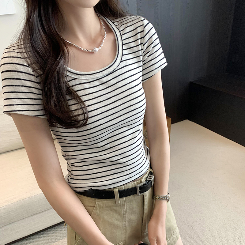 Short sleeve stripe tops summer T-shirt for women