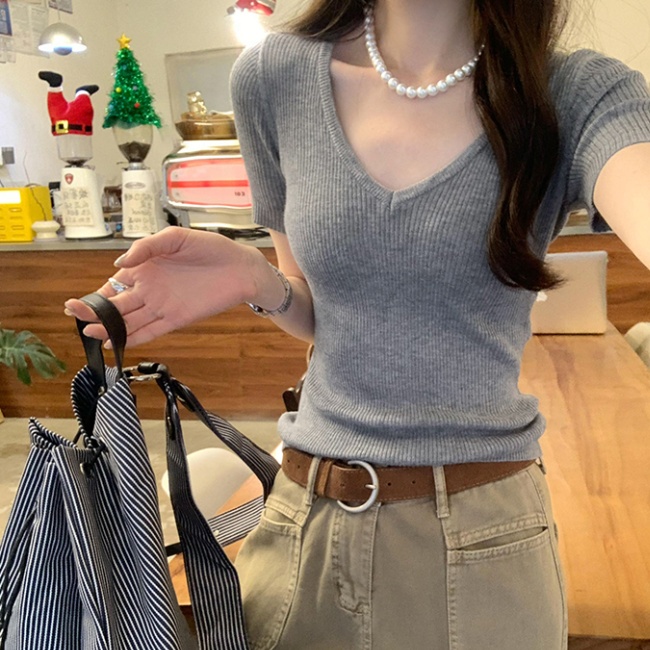 Wool summer slim sweater V-neck short sleeve basis tops