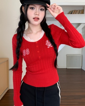 Retro long sleeve splice college style lace tops