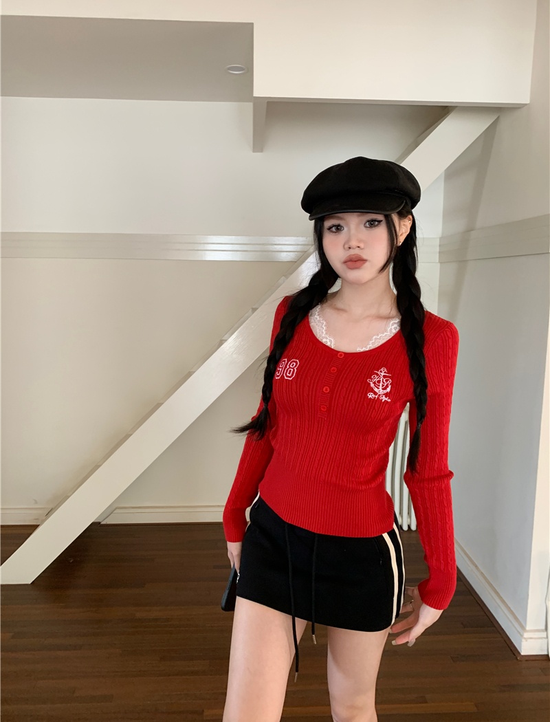 Retro long sleeve splice college style lace tops