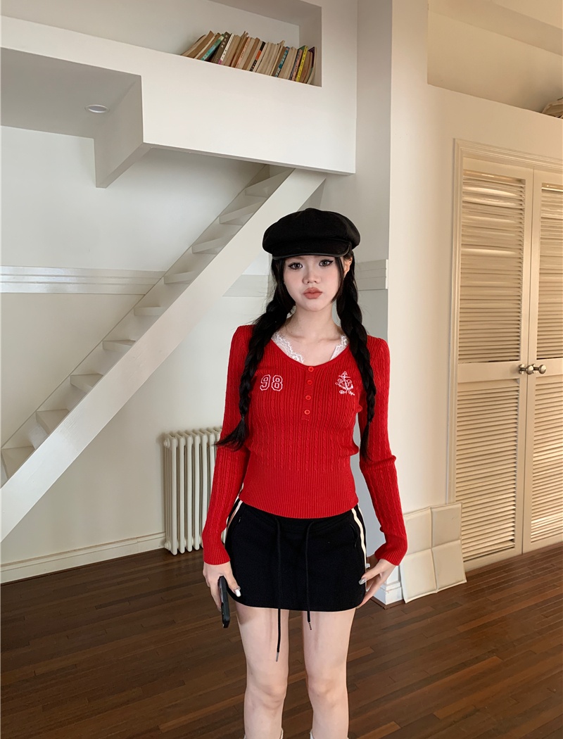 Retro long sleeve splice college style lace tops