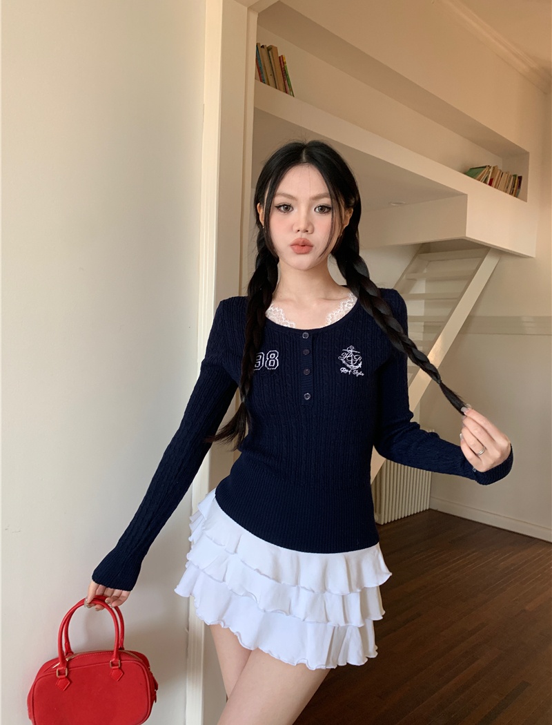 Retro long sleeve splice college style lace tops