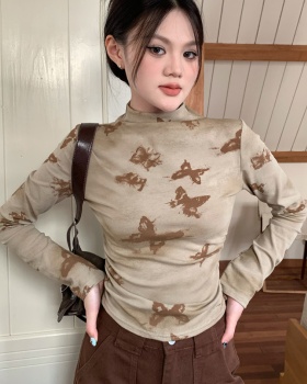 Short printing long sleeve half high collar butterfly tops