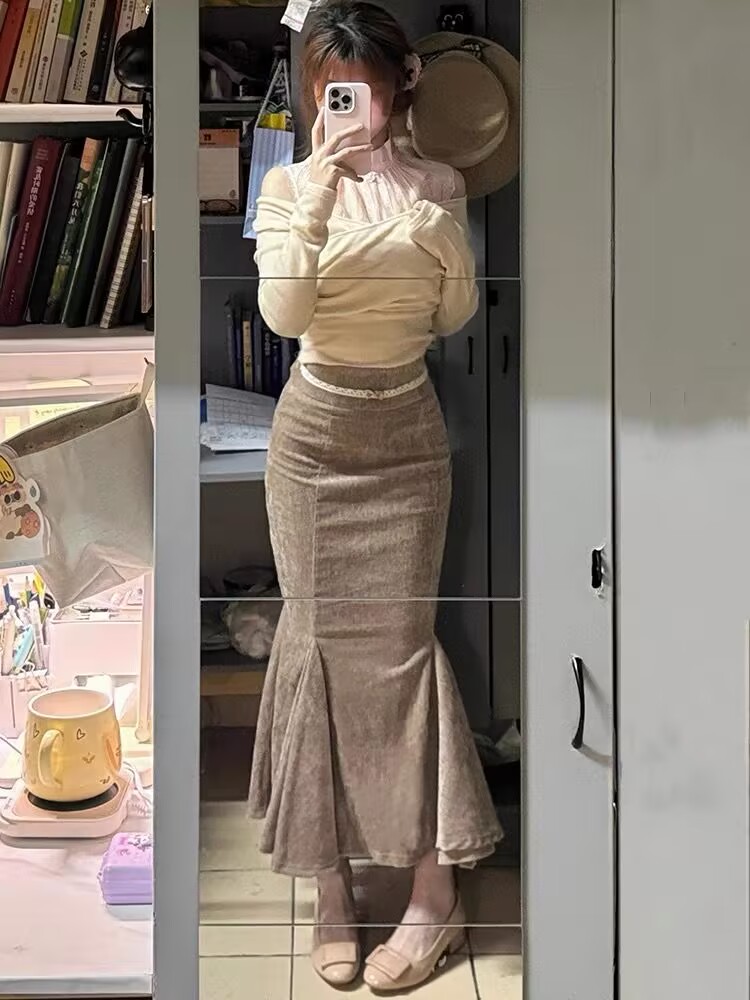 Strapless long skirt package hip skirt 2pcs set