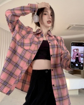 Loose long slim all-match Korean style plaid shirt