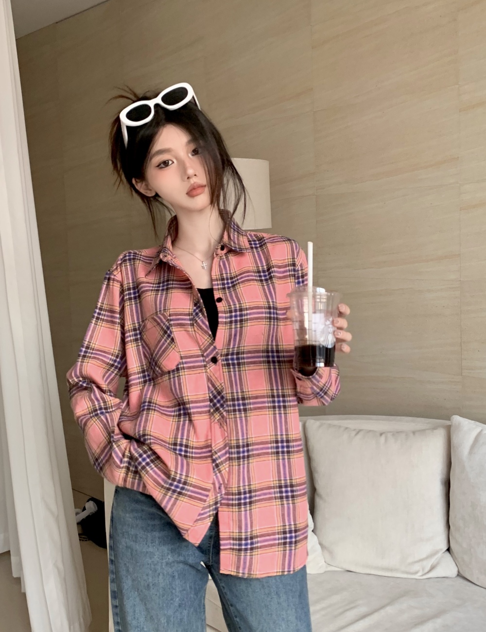 Loose long slim all-match Korean style plaid shirt