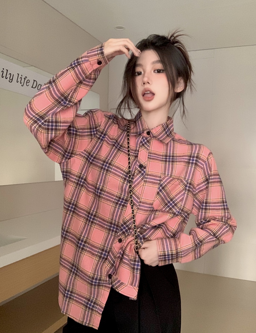 Loose long slim all-match Korean style plaid shirt