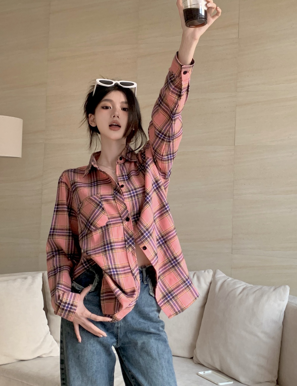 Loose long slim all-match Korean style plaid shirt