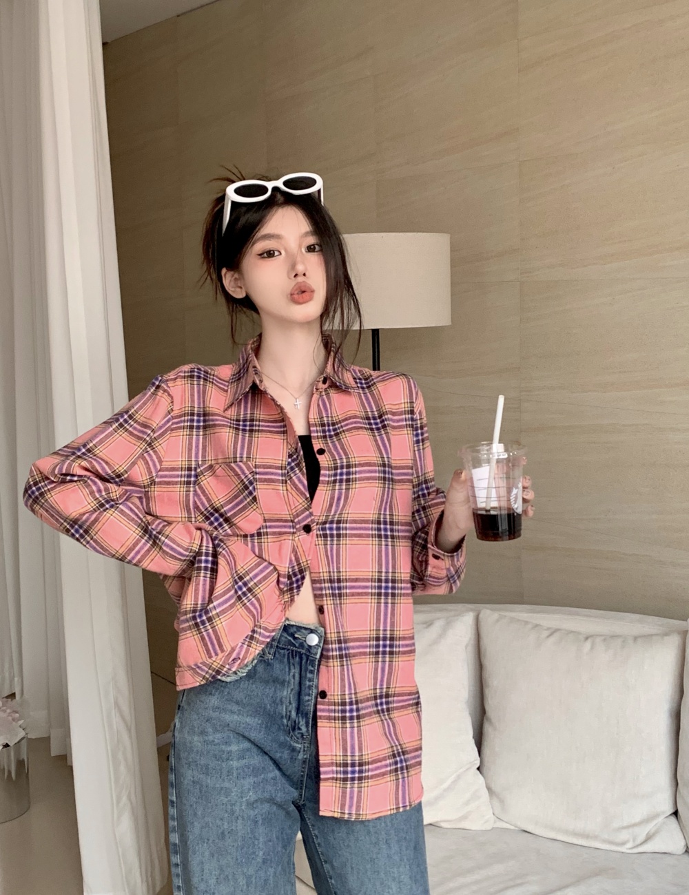 Loose long slim all-match Korean style plaid shirt