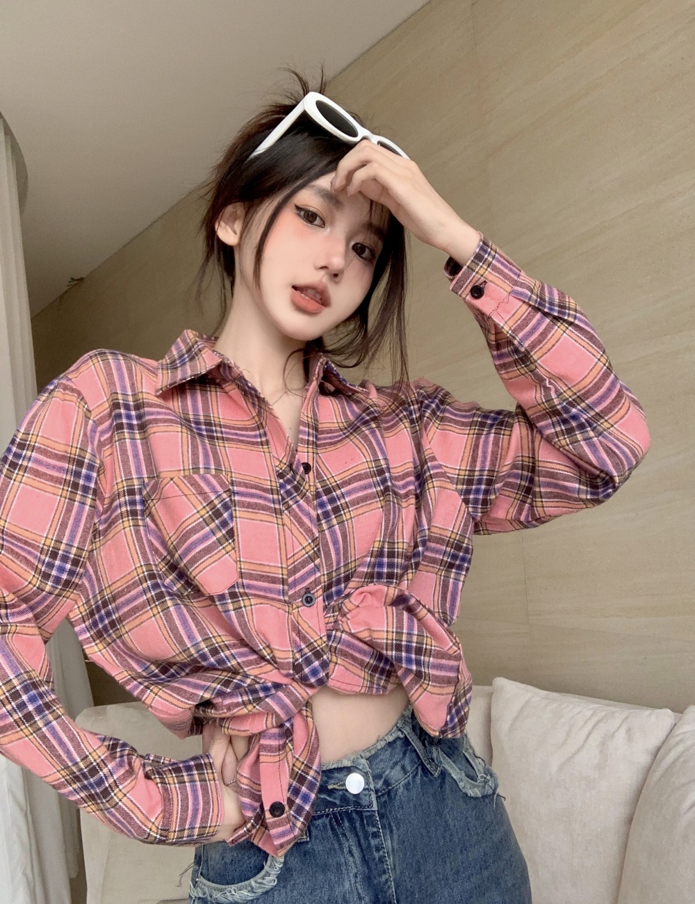 Loose long slim all-match Korean style plaid shirt