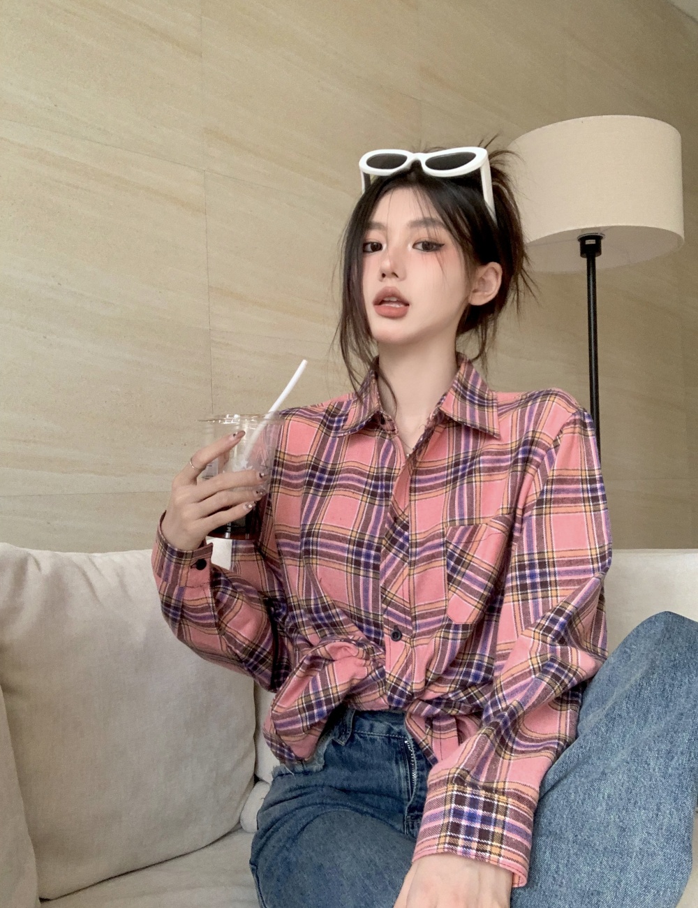 Loose long slim all-match Korean style plaid shirt