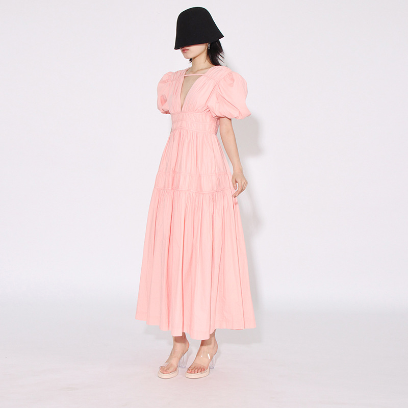 Fold pinched waist slim long dress long autumn dress for women