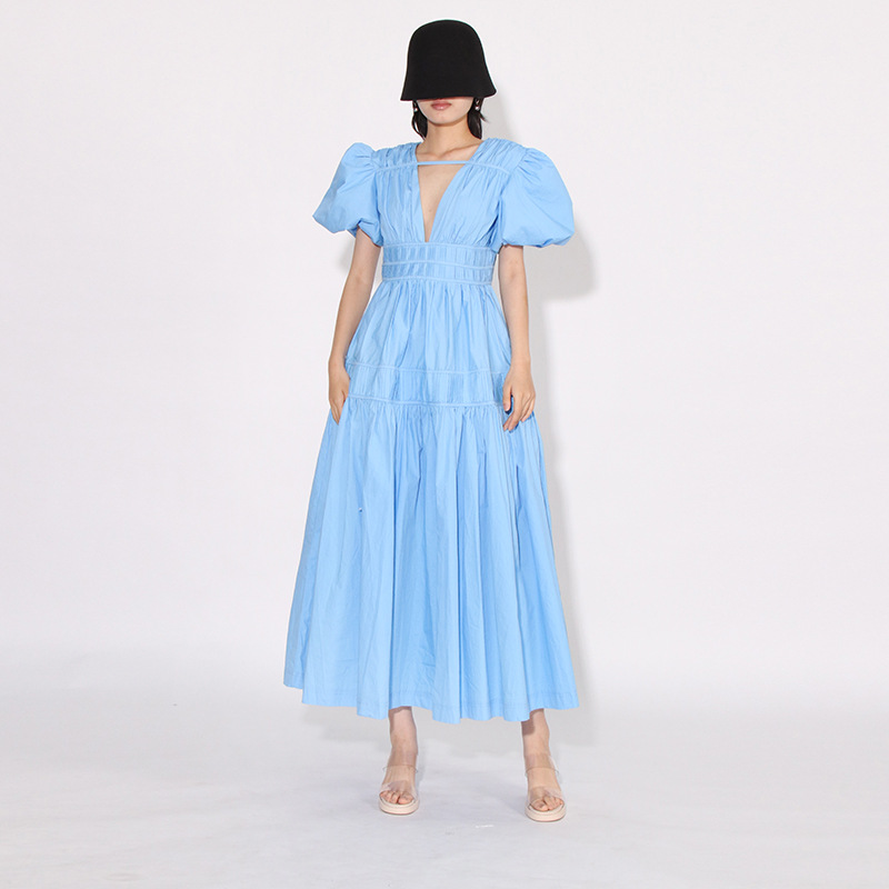 Fold pinched waist slim long dress long autumn dress for women