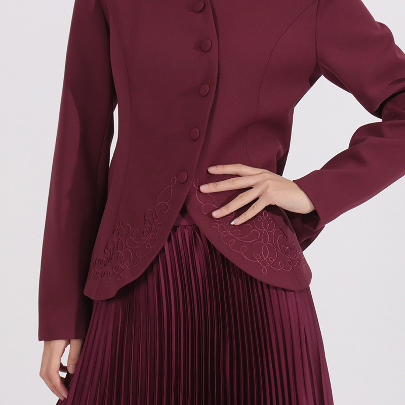 Elegant cstand collar skirt embroidery coat a set for women