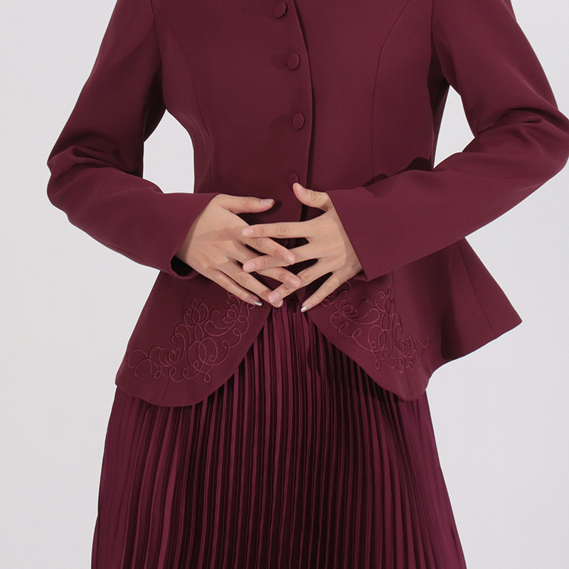 Elegant cstand collar skirt embroidery coat a set for women