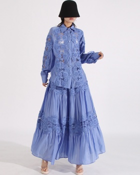 Autumn embroidery skirt hollow big skirt shirt a set