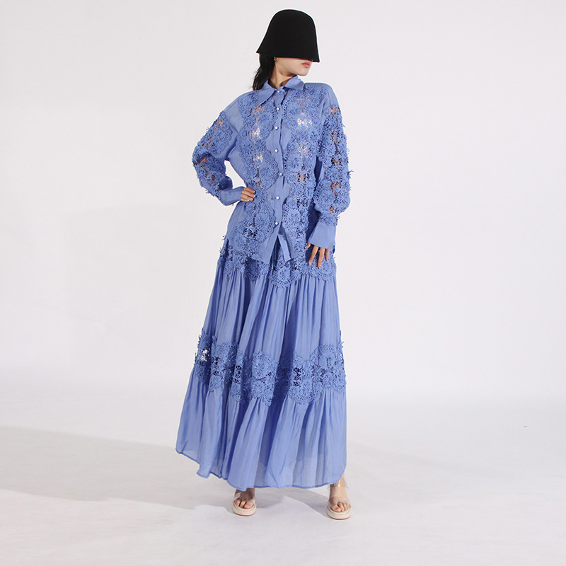 Autumn embroidery skirt hollow big skirt shirt a set