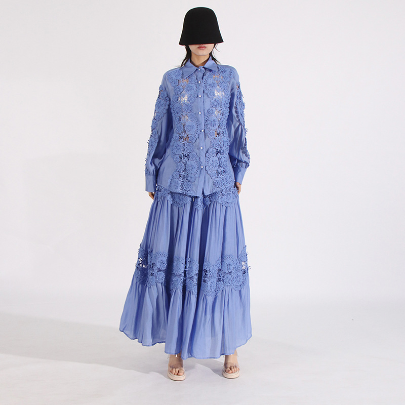 Autumn embroidery skirt hollow big skirt shirt a set