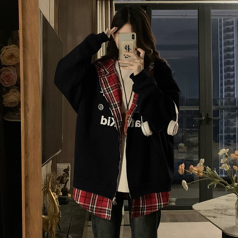 Spring plaid coat Pseudo-two loose cardigan for women