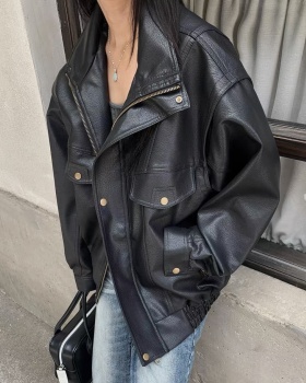 Locomotive loose leather coat spring jacket for women