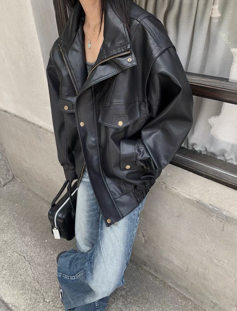 Locomotive loose leather coat spring jacket for women