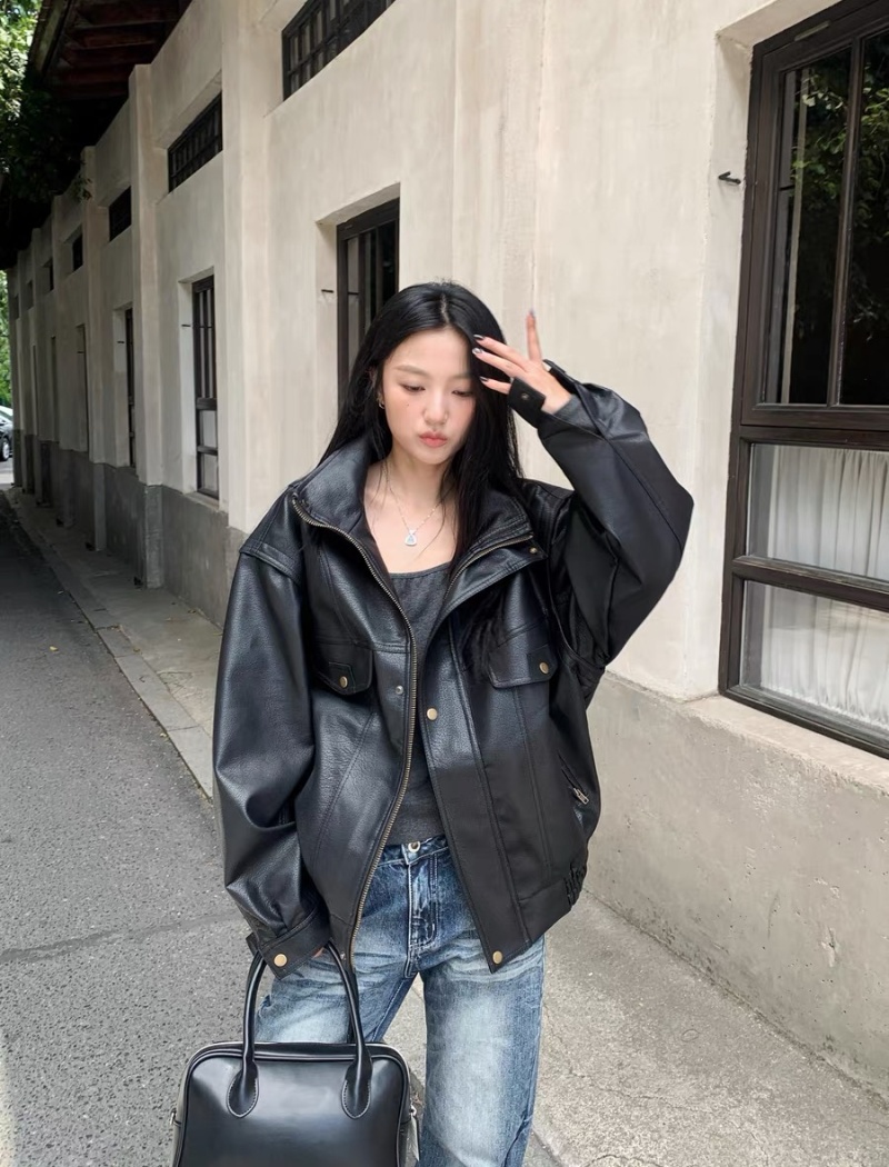 Locomotive loose leather coat spring jacket for women