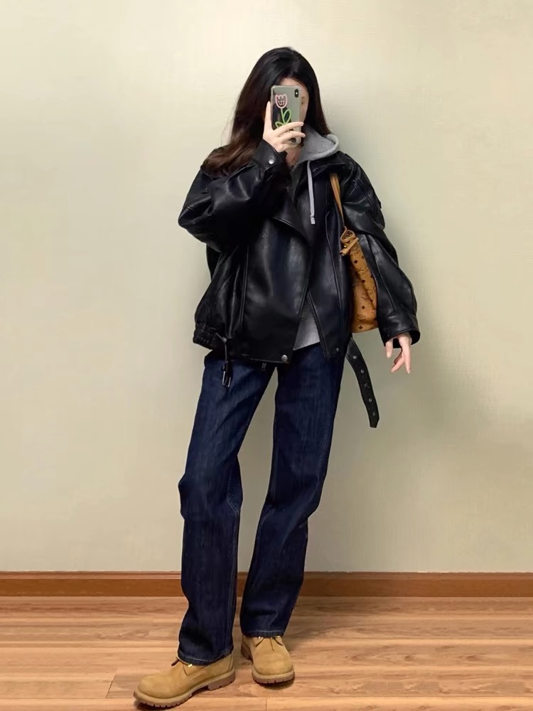 Short spring coat locomotive leather coat for women