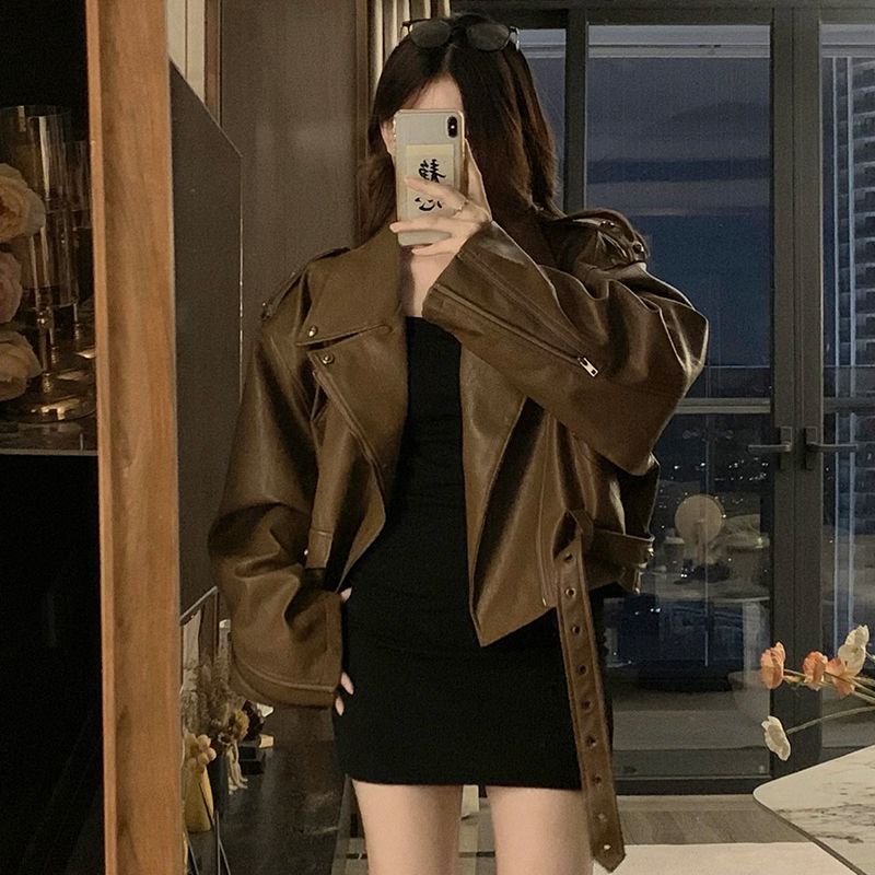 Short couples PU jacket spring locomotive brown coat