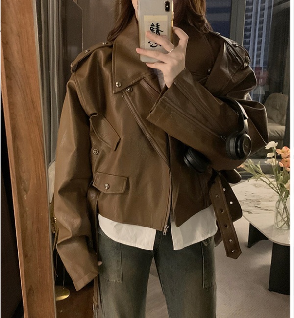 Short couples PU jacket spring locomotive brown coat