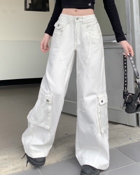 White high waist work clothing spring many pocket jeans