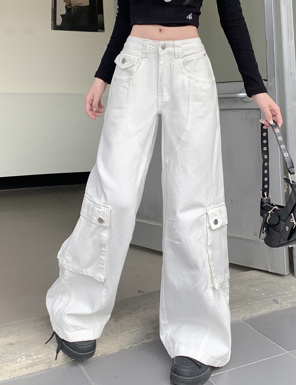 White high waist work clothing spring many pocket jeans