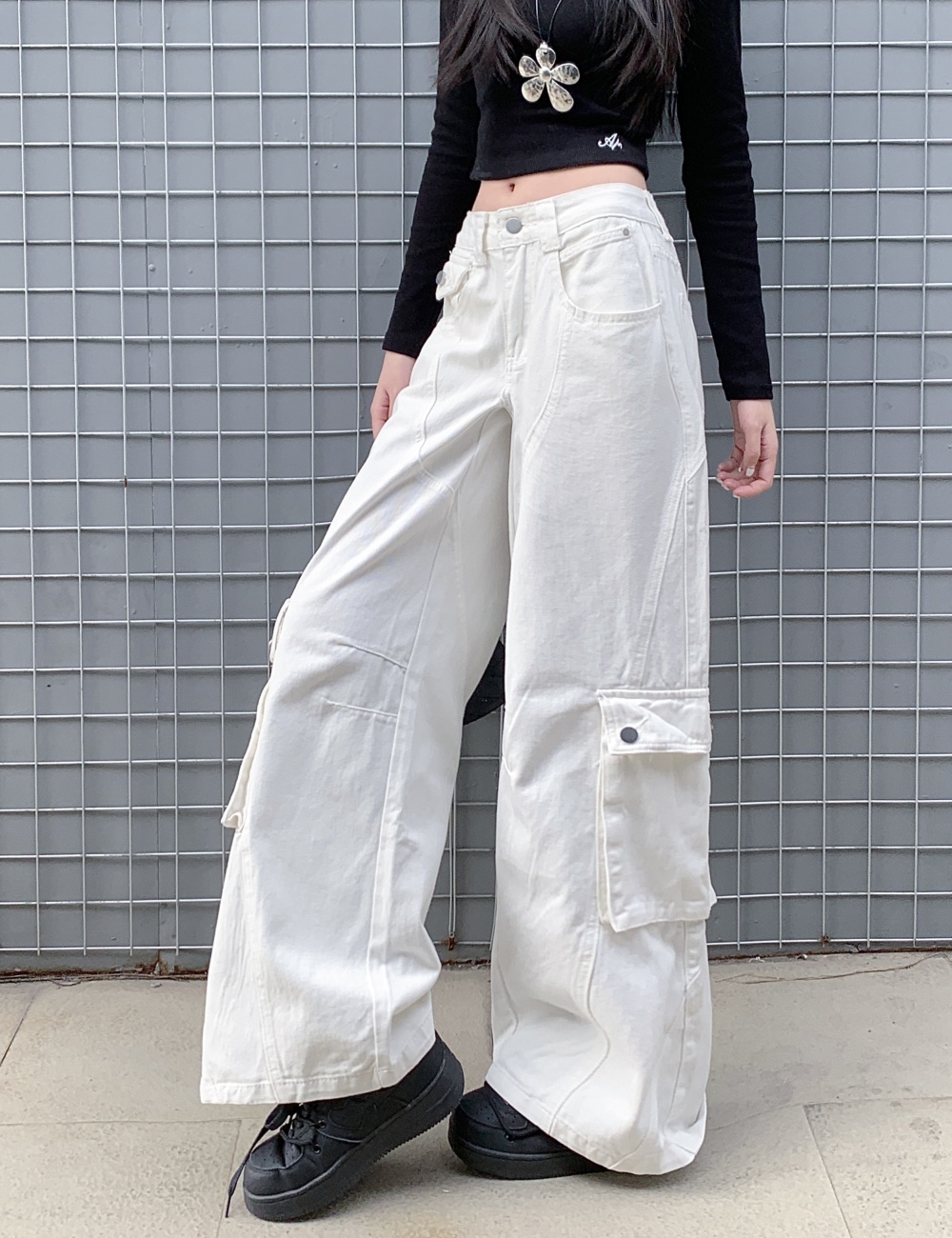 White high waist work clothing spring many pocket jeans