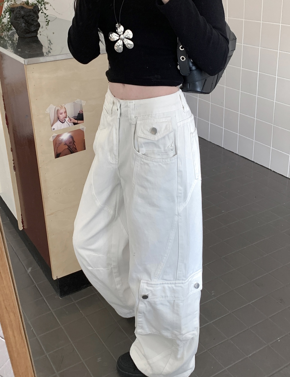 White high waist work clothing spring many pocket jeans