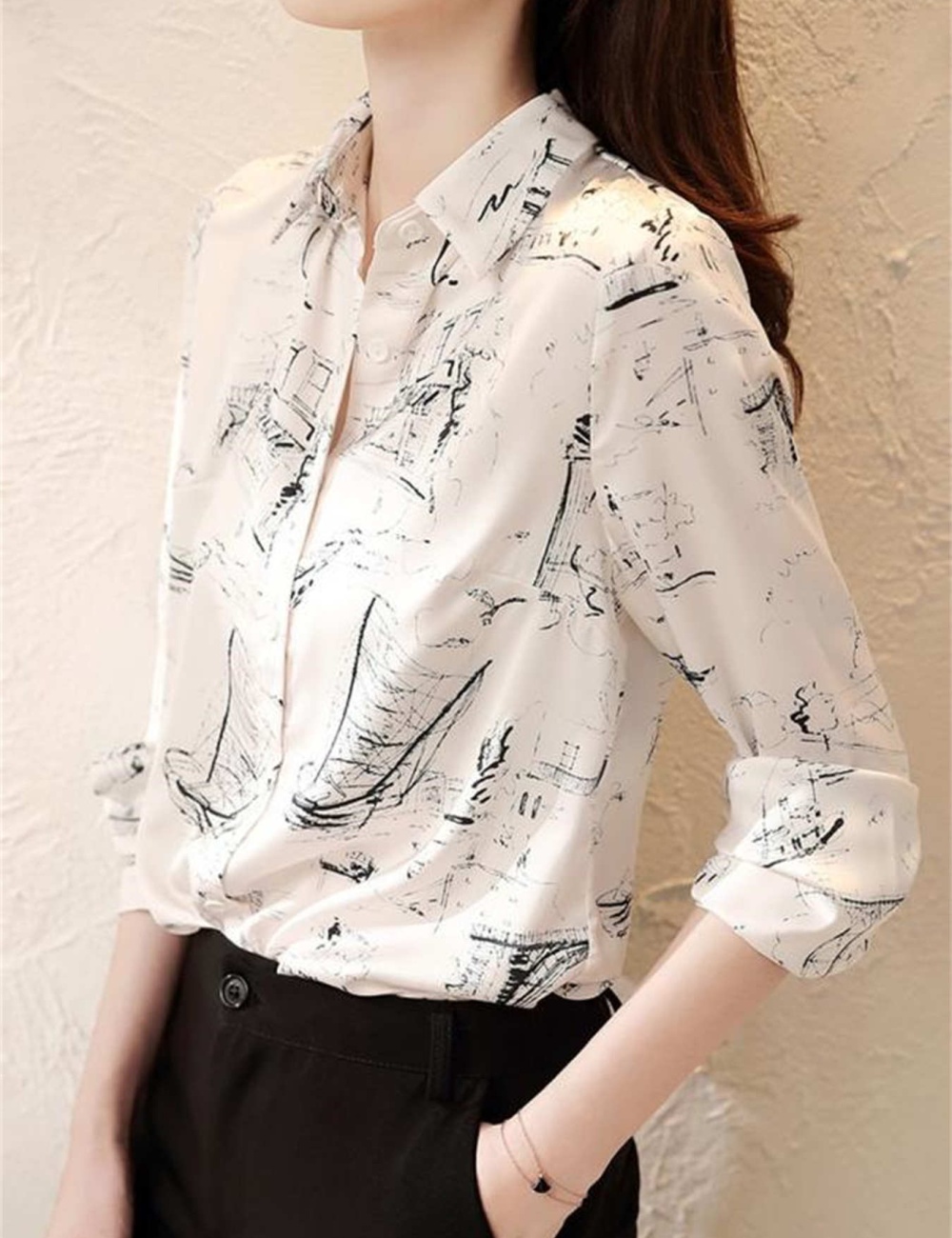 Long sleeve printing satin fashion shirt for women