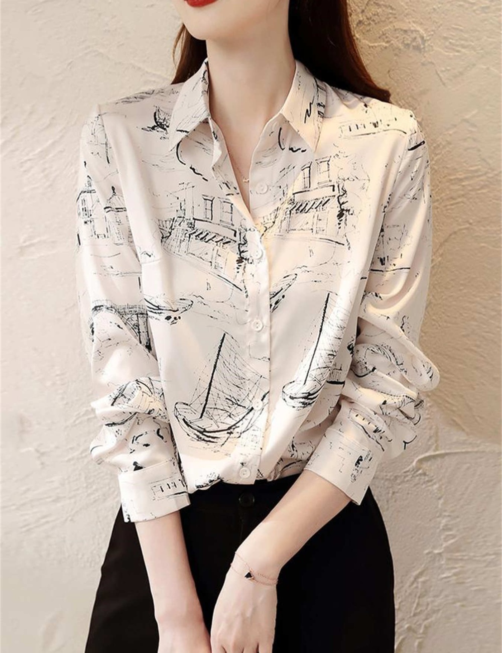 Long sleeve printing satin fashion shirt for women